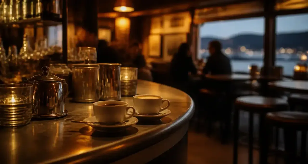 Intérieur chaleureux d'un café brestois, vue sur le comptoir