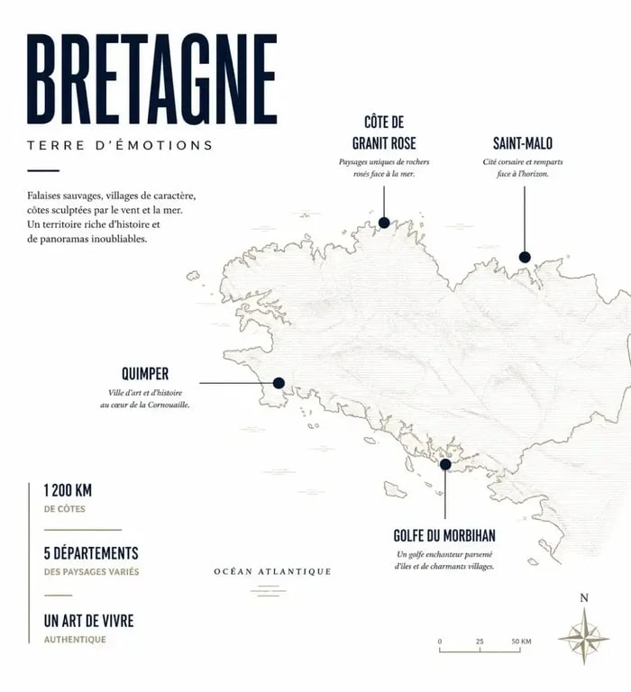 Carte illustrée des étapes incontournables pour un itinéraire en Bretagne