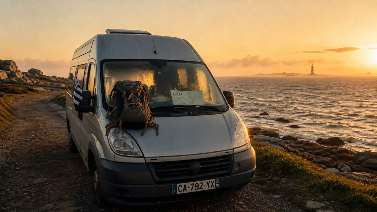 Itineraire en bretagne : van sur route côtière, GR34 visible