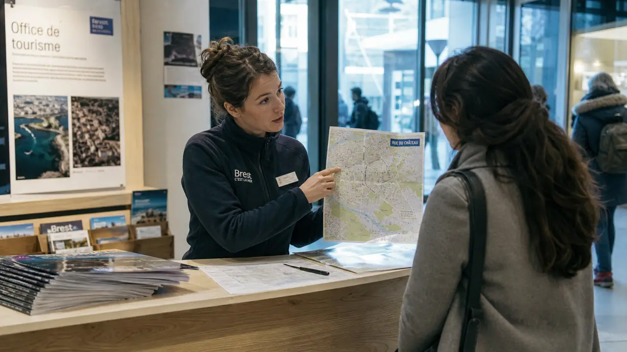 Office de tourisme Brest rue du Château : employés et brochures dans un hall vitré