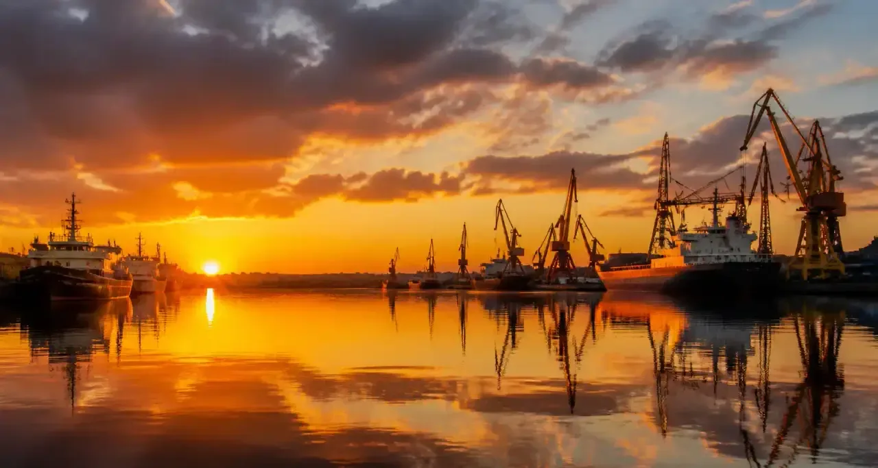 Le port de Brest au coucher du soleil, vue sur la rade