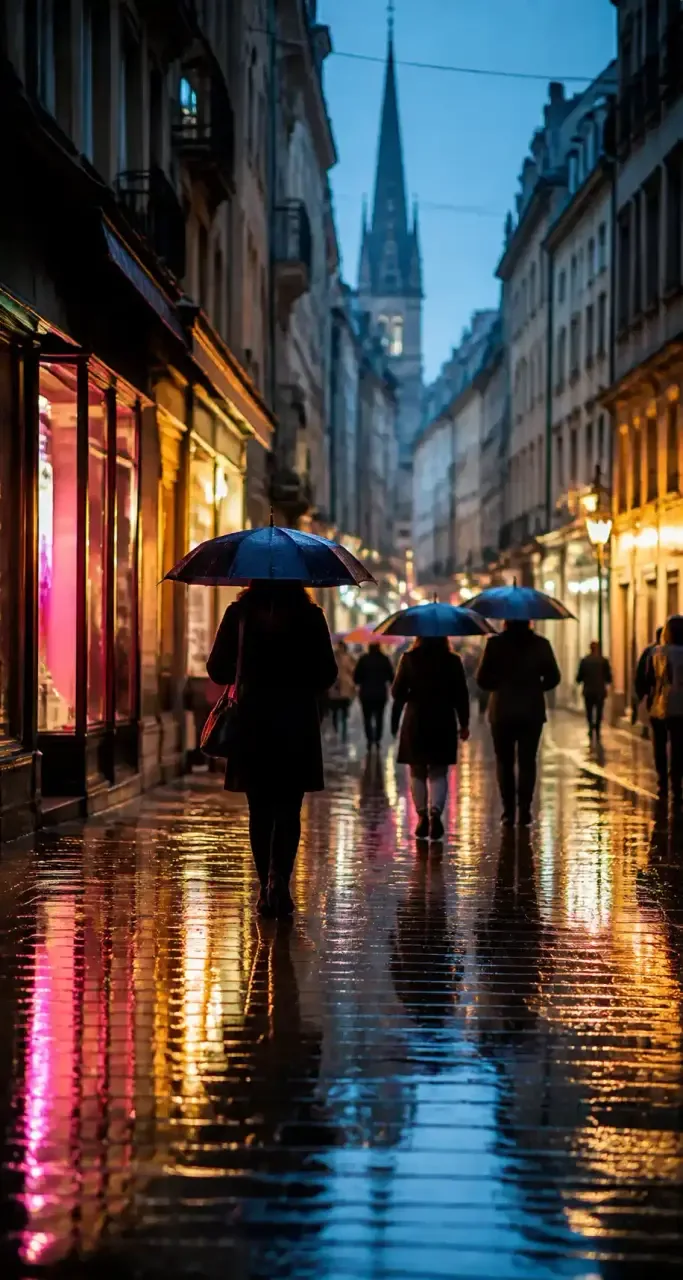 Rue du centre-ville de Brest sous la pluie, reflets sur les pavés