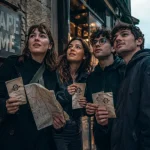 Activité Brest : amis devant un escape game à Brest, billets et badges en mains