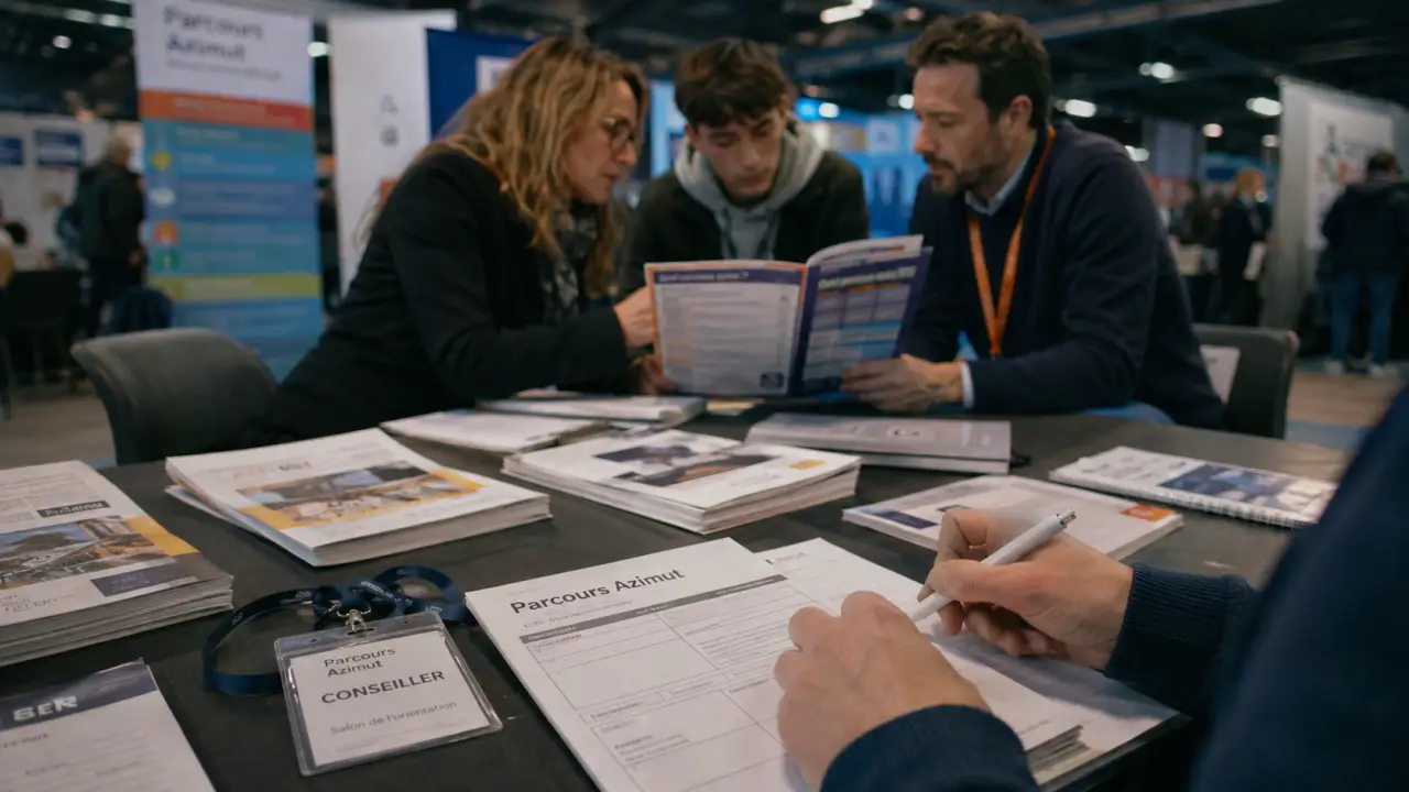 Azimut Brest 2026 : hall du salon Penfeld, brochures et badges