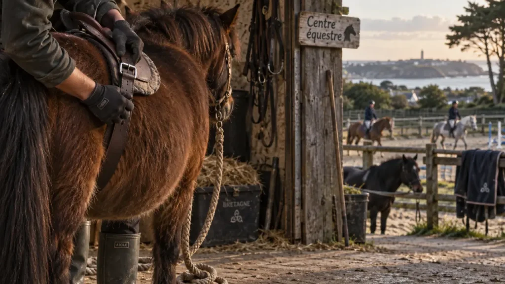 Centre equestre brest : main gantée ajuste une sangle sur un poney