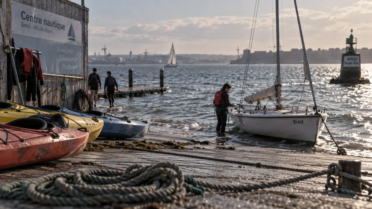 Centre nautique de Brest : rampe de mise à l’eau au Moulin Blanc, kayaks et voilier