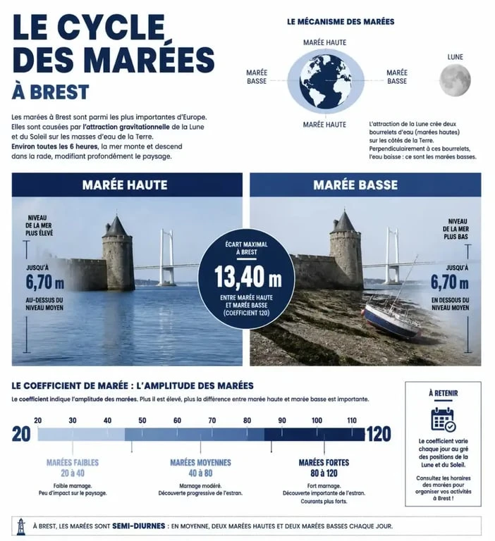 Schéma explicatif du cycle des marées à Brest et du coefficient de marée pour la sécurité littorale