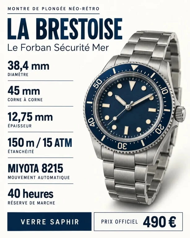 La Brestoise montre : infographie des dimensions, du mouvement et de l’étanchéité