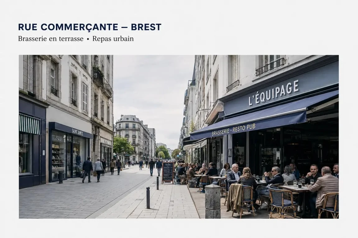 Restaurants rue de Siam Brest : vue d'une brasserie en terrasse dans le centre-ville de Brest